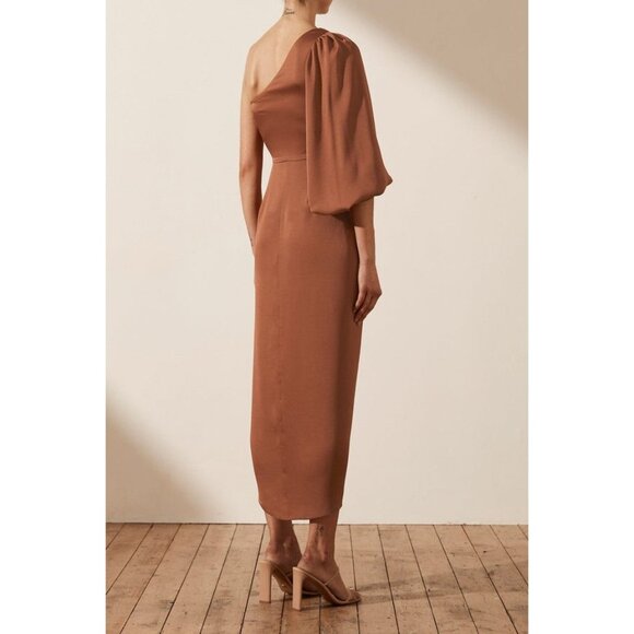 SHONA JOY dress luxe tie front one shoulder satin mocha midi party event 4 - Picture 3 of 11